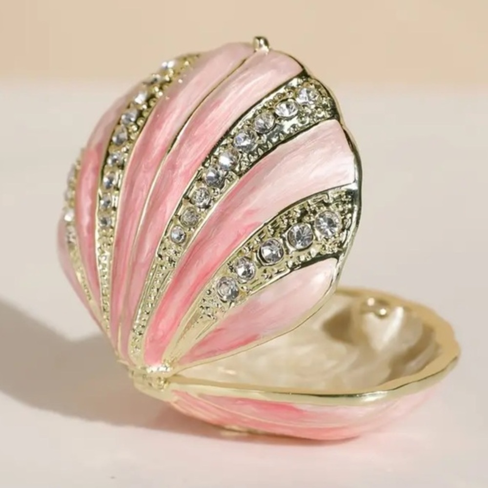 Pink Enamel Crystal Shell Jewelry Box Trinket Holder NWT